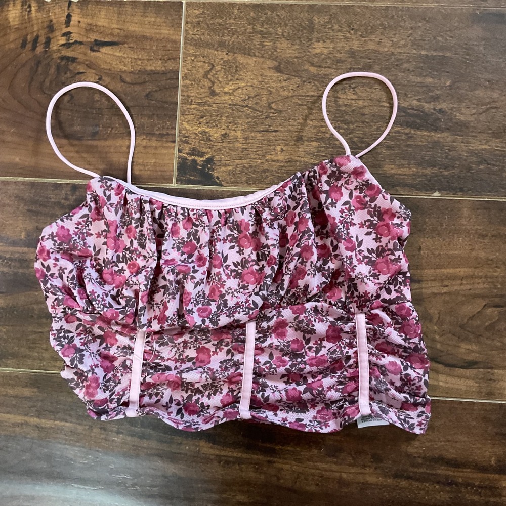 Garage Pink Floral Mesh Ruched Corset Style Crop Top Small P/S Y2K Pink Burgundy